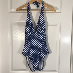 NWT ACA Navy and White Polka Dot Halter One Piece